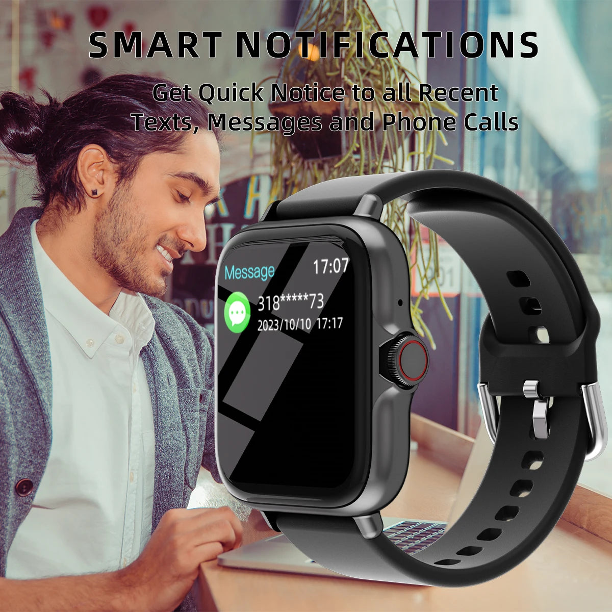 1,83'' wasserdichte Smartwatch mit Nachricht, Antwort, Anruf, Schlafüberwachung, Sport, Schrittzähler, Informationswarnungen für iPhone und Android