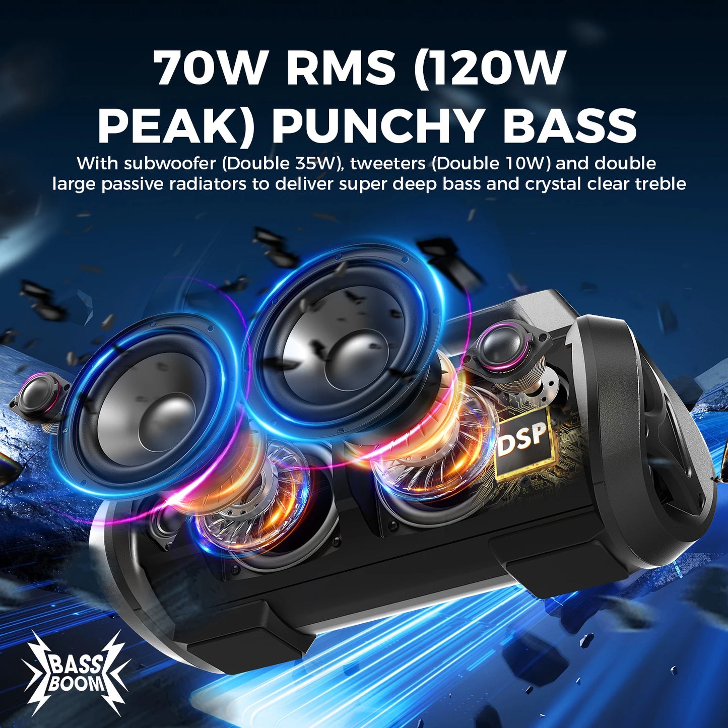 W-KING 70 W RMS tragbarer Bluetooth-Lautsprecher, Lautsprecher, kabellos, laut, IPX6 wasserdicht, Bluetooth-Lautsprecher mit Subwoofer/Bass Boost